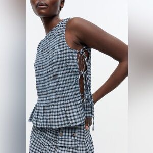 Ganni Blue Seersucker Check Smock Tie String Top Soft Chambray